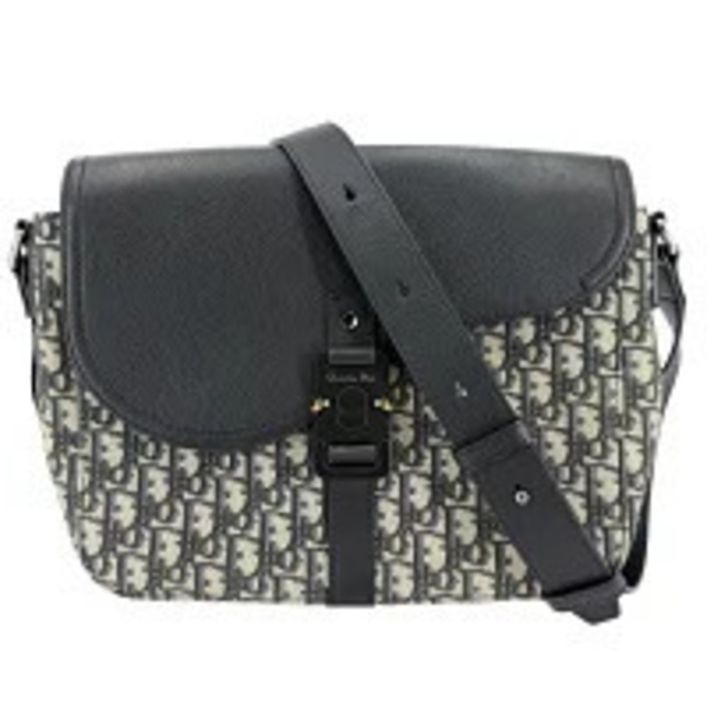 Christian Dior Oblique Saddle Flap Crossbody Bag Leather Canvas Beige Black